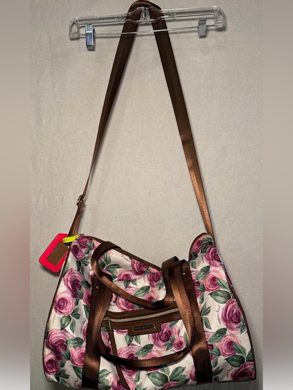 Juicy Couture Pink Rose Floral Weekender Duffel Travel Tote Bag Shoulder Strap